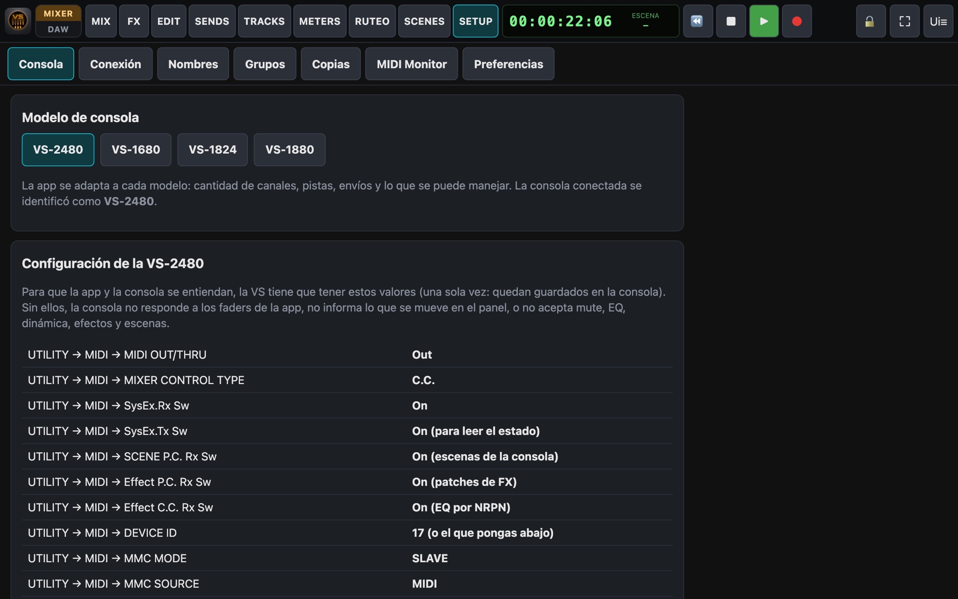Configuración de la consola